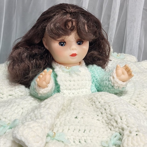 Handmade Southern Belle Brunette Pillow Doll with Green and White Ruffled Dress - Picture 1 of 14